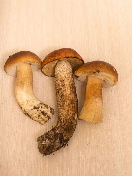 Tre Funghi Sul Tavolo Vicino — Foto Stock