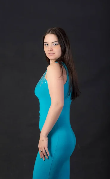 Studio Portrait Girl Azure Dress — Stock Photo, Image