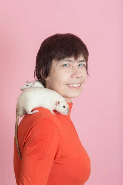 Mulher Com Dois Ratos Domésticos Fundo Rosa — Fotografia de Stock