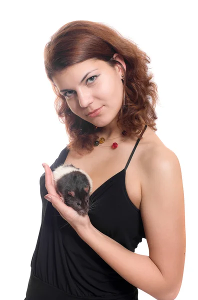 Meisje met een huisdier rat — Stockfoto