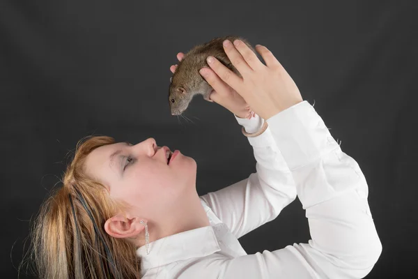 Mädchen mit einer Haustierratte — Stockfoto