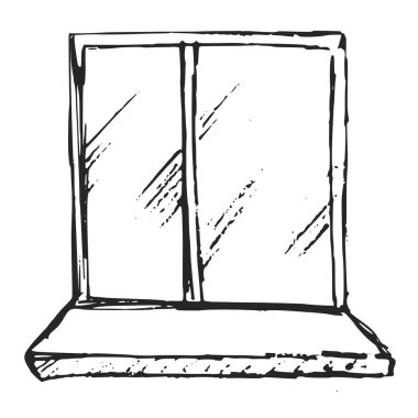 Sıradan bir evin penceresi. El çizimi, vektör, beyaz üzerine resim çizimi. İç mimari, ev tasarımı, mimari nesne, inşa ve onarım nedenleri