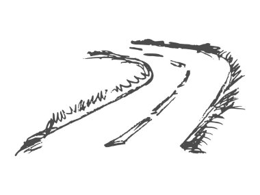 Kırsal, otlu, boş köy yolu. El çizimi, kalem biçiminde vektör ulülasyonu