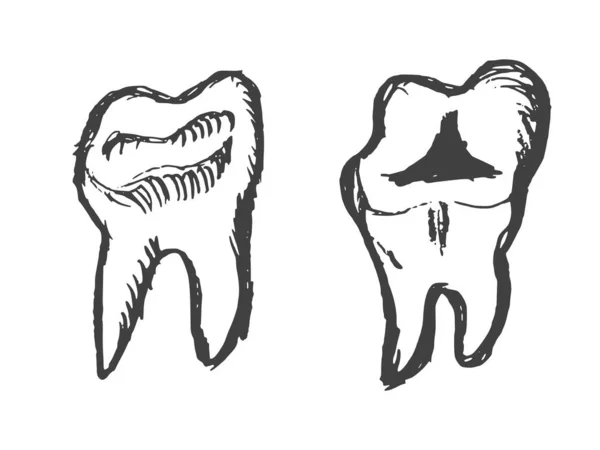 Friska Tand Och Sjuka Tand Bild Relaterad Till Tandvård Handritad — Stock vektor