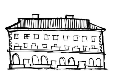 Dükkanları olan klasik bir Avrupa evi. Mimarlık objesi. Ön manzara. Vektör, monokrom, beyaz arka planda çizim çizimi. Yazdırma ve web tasarımı için kullanılabilir