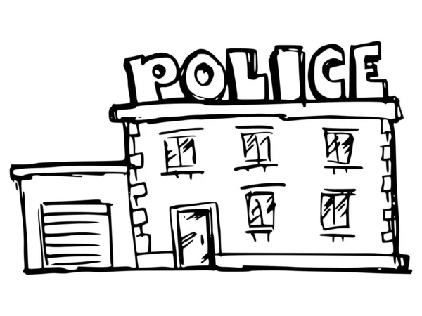 警察署の建物 建築物の対象 正面図 白を基調としたベクター モノクロ スケッチイラスト 印刷やWebデザインに使用できます — ストックベクタ