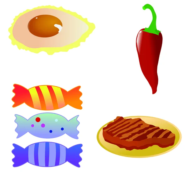 Huevo frito, pimiento rojo picante, bistec asado, huevo frito de candiesone — Vector de stock