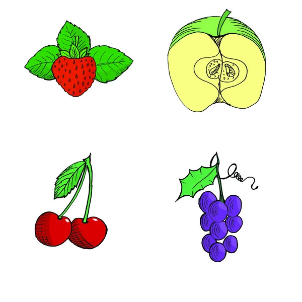 Полуниця, Нарізане яблуко, вишня, Рука намальована, вектор, візок — стоковий вектор