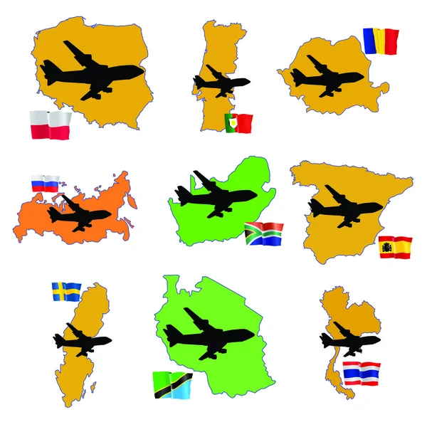 Voar-me para a Roménia, Rússia, África do Sul, Coreia do Sul, Espanha , —  Vetores de Stock
