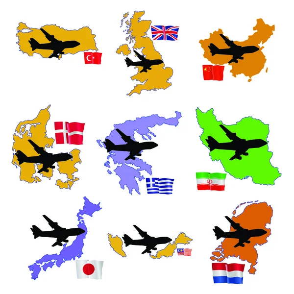 Fly me to the United Kingdom, China, Denmark, Greece, Iran, Japa — Stock Vector