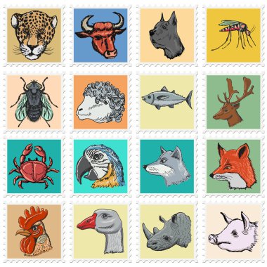 set of vector stamps with different animals clipart