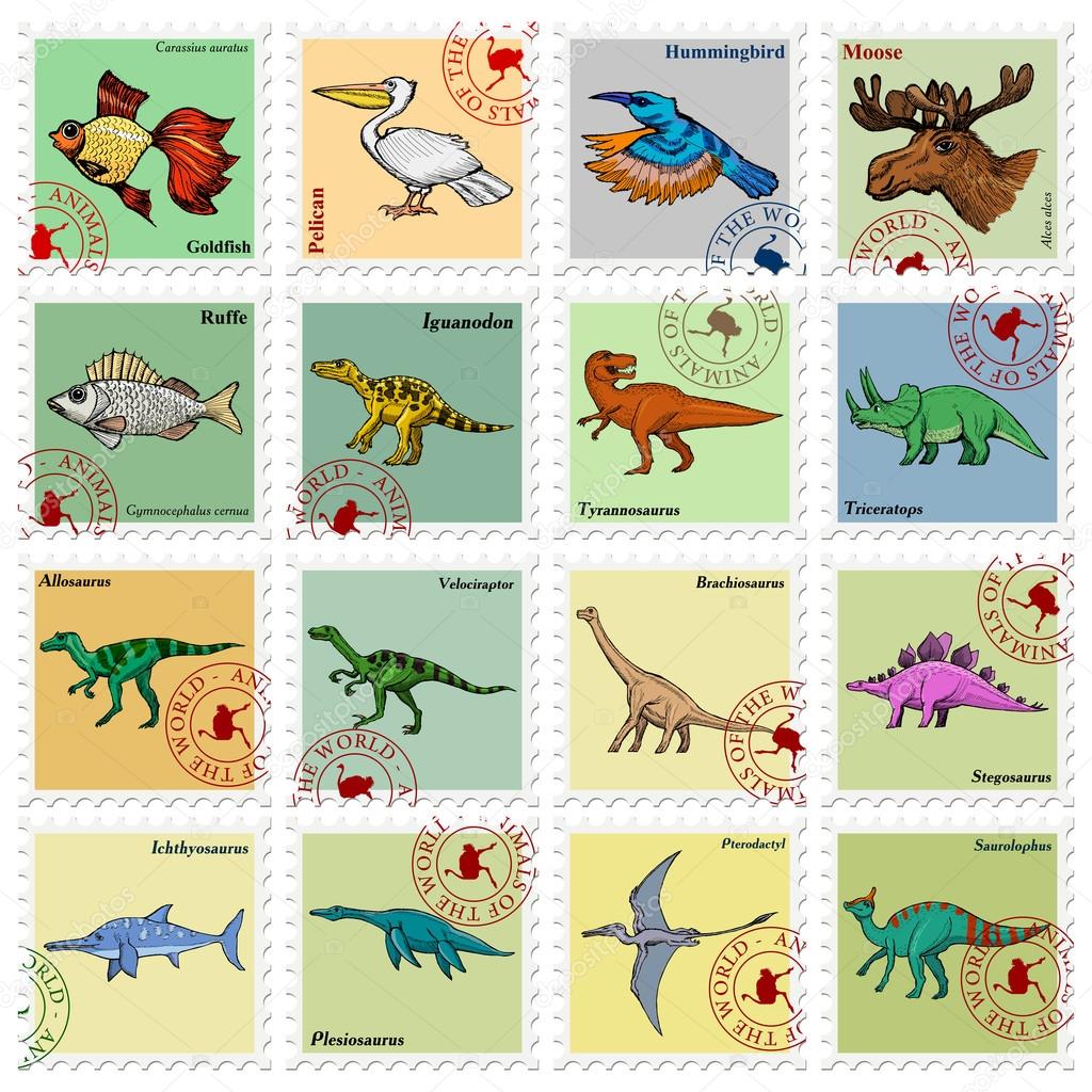 animal stamps with dinosaur, hummingbird and other animals