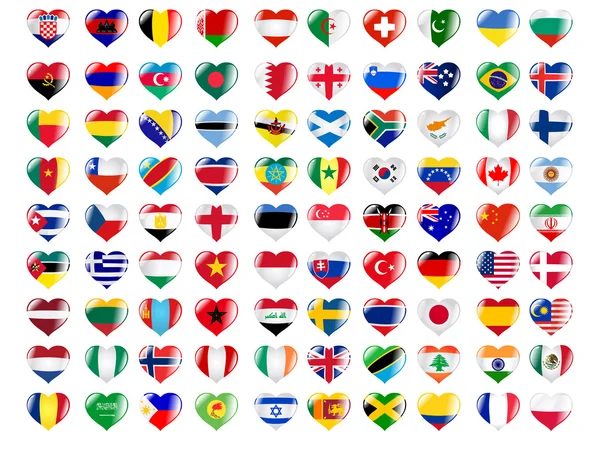 Hearts in colours of national flags — Stock Vector