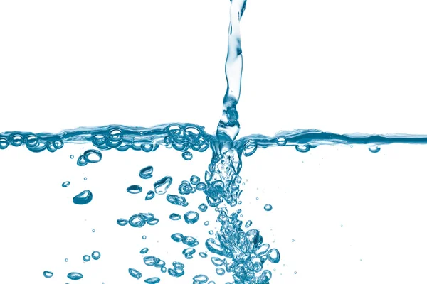 Fluindo água com bolhas no fundo branco — Fotografia de Stock