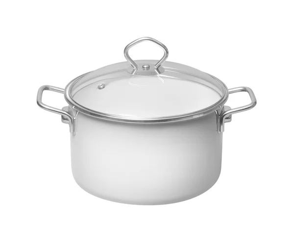 White saucepan with glass lid on white background — Stock Photo, Image