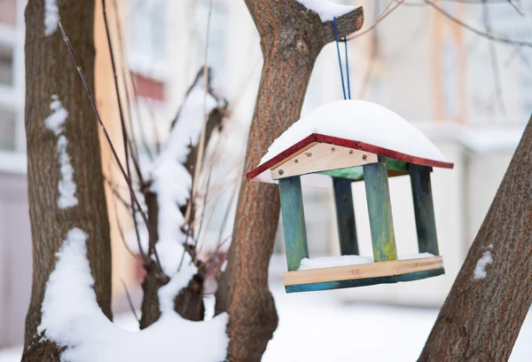 Vogelhuis/waterbak in de winter aan de boom in de stad — Stockfoto
