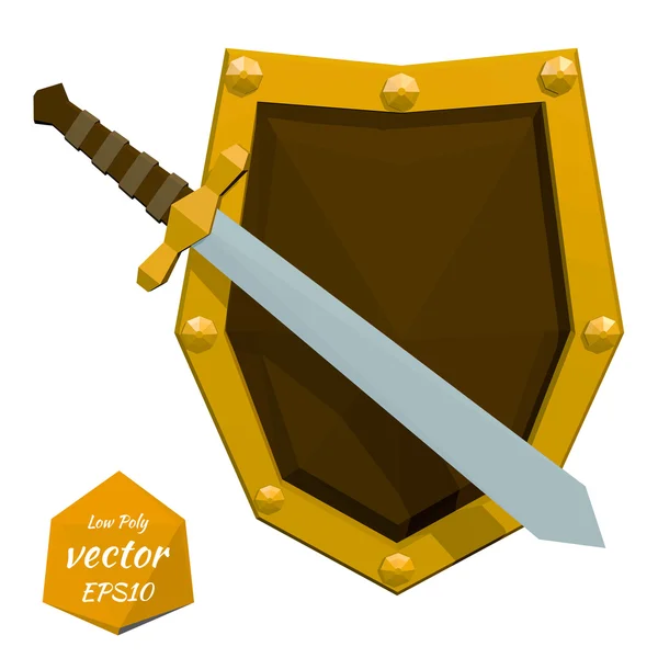 Low poly shield and sword on white background. Vector illustrati — Stock Vector