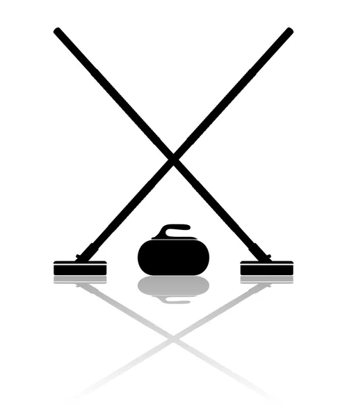 Besen und Stein zum Curling mit Reflexion auf weißem Untergrund — Stockvektor