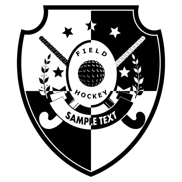 Señal de hockey campo en escudo - dos palos, bola, cinta con texto — Vector de stock