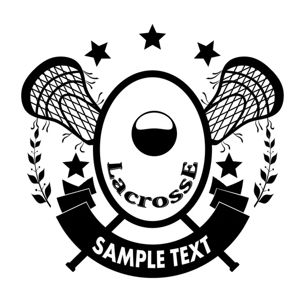 Señal lacrosse - dos palos, bola, cinta con texto, laurel branc — Vector de stock