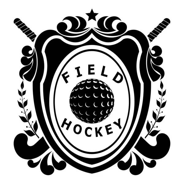 Field hockey on shield - two sticks, ball, ribbon with text, lau — Stock Vector