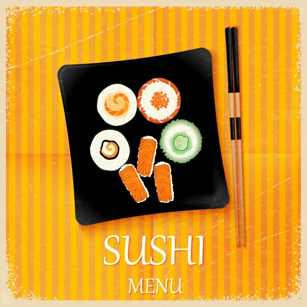 Menu de sushi vintage retro com um prato quadrado. Vector illustratio —  Vetores de Stock