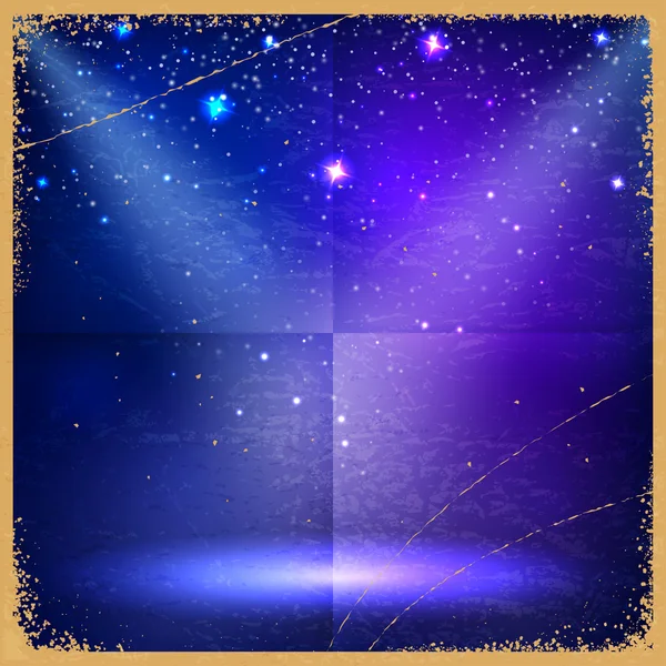 Blue vintage retro background with stars and the rays of searchl — Stock Vector