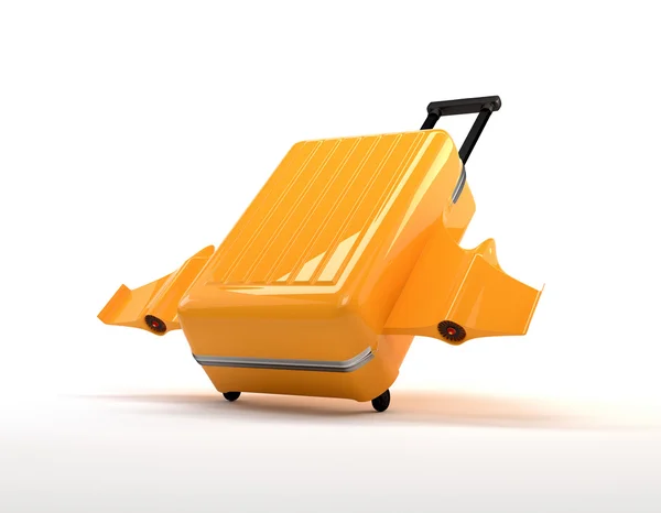 Fantastic yellow suitcase with wheels, wings and engines. Concep — Stock Photo, Image