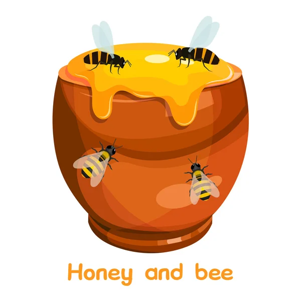 Karikaturbild eines Tontopfes mit Honig und Bienen. Vektorillustrationen — Stockvektor