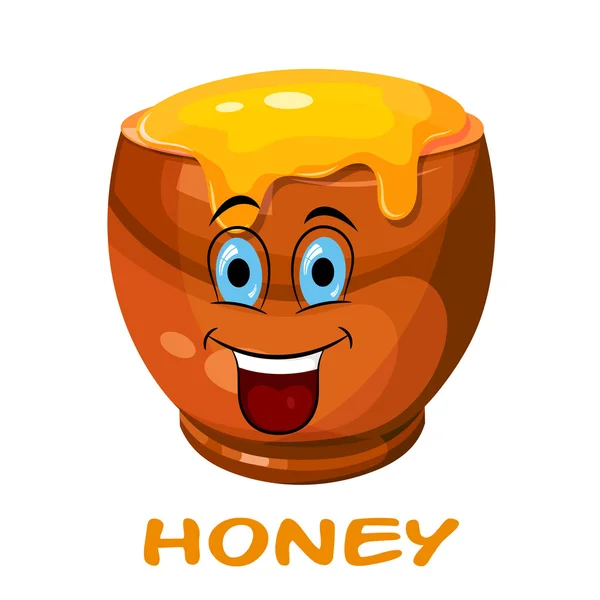 Cartone animato felice disegno di una pentola di argilla con miele. Illustrazione vettoriale — Vettoriale Stock