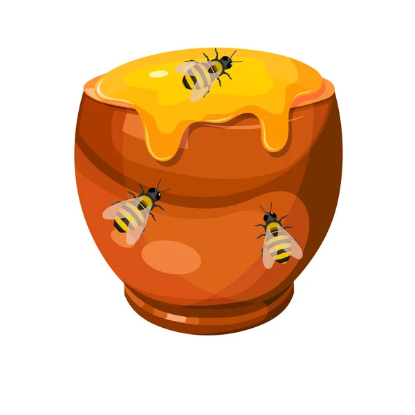 Dessin animé d'un pot d'argile avec du miel et des abeilles. Poussière vectorielle — Image vectorielle