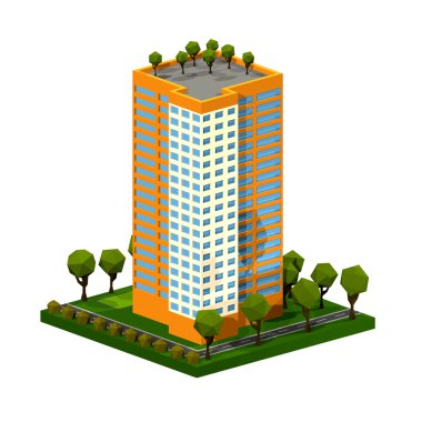 Çokgen isometrik çok katlı bina. Bir konut 