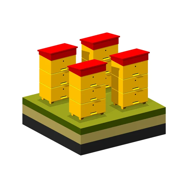 Colmeias isométricas poligonais no fundo esquemático da terra . —  Vetores de Stock