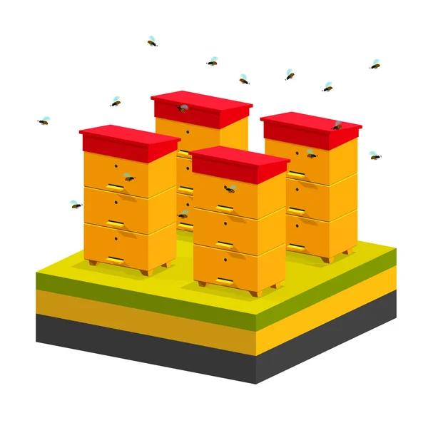 Isometric hives on schematic background of the earth. Vector api — Wektor stockowy