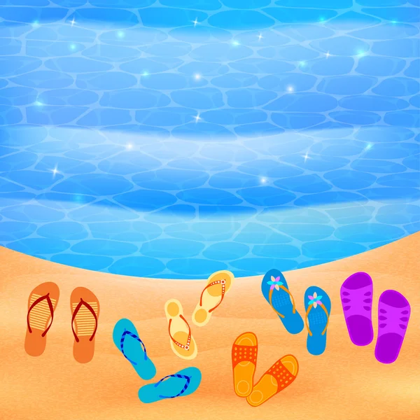 Scarpe da spiaggia sulla spiaggia. Vector spiaggia soleggiata con le scarpe. Illustr — Vettoriale Stock