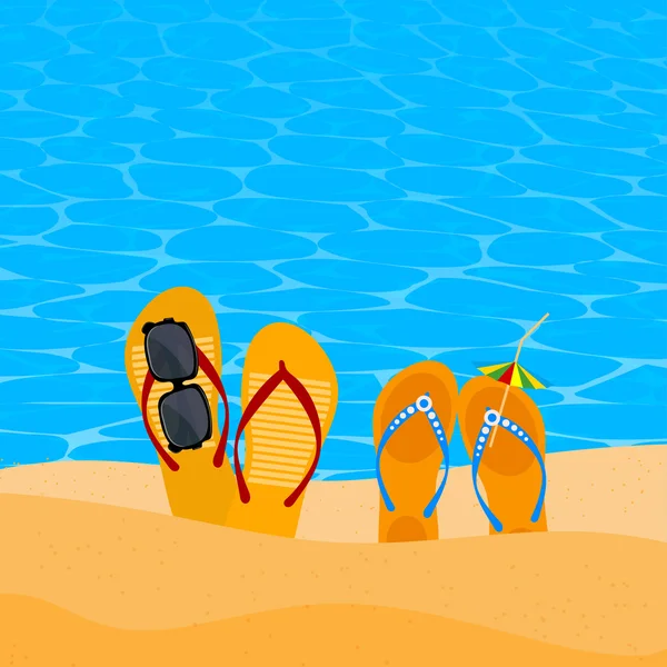 Deux paires de gifles sur le rivage. Chaussures de plage sur le sable avec soleil — Image vectorielle