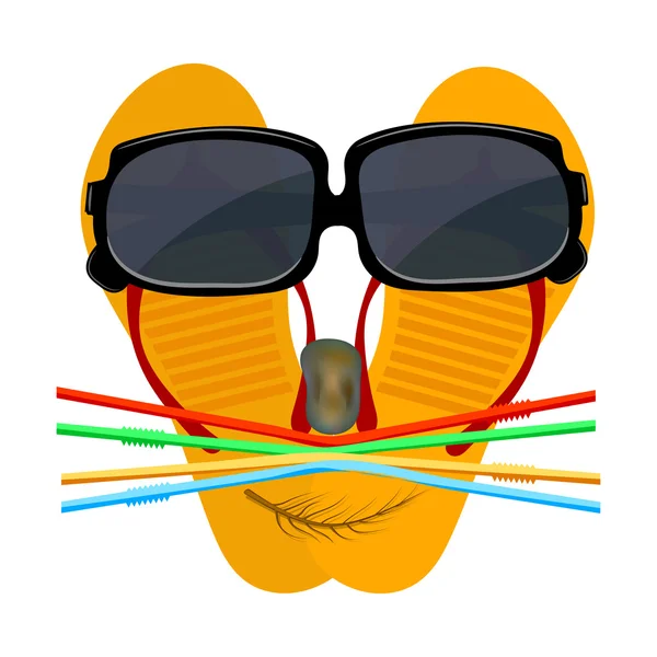 Cara alegre brincalhão de uns chinelos, copos, pedra, palha e al —  Vetores de Stock
