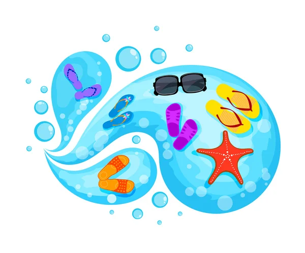 Flip flopson the wave of the sea. Concept Summer beach holiday. — Stock Vector