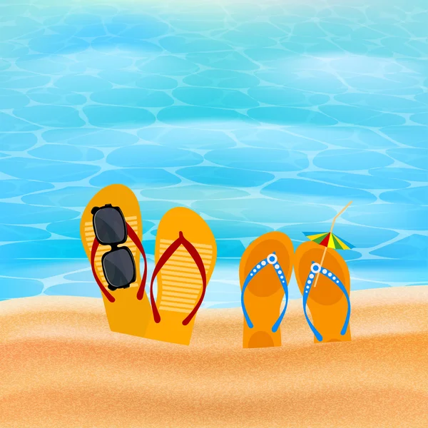 Dos pares de bofetadas en la orilla del mar. Zapatos de playa en la arena con sol — Vector de stock