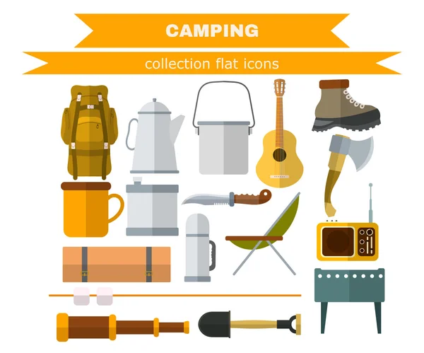 Ensemble d'articles de camping sur fond blanc. Icônes de camping plat . — Image vectorielle