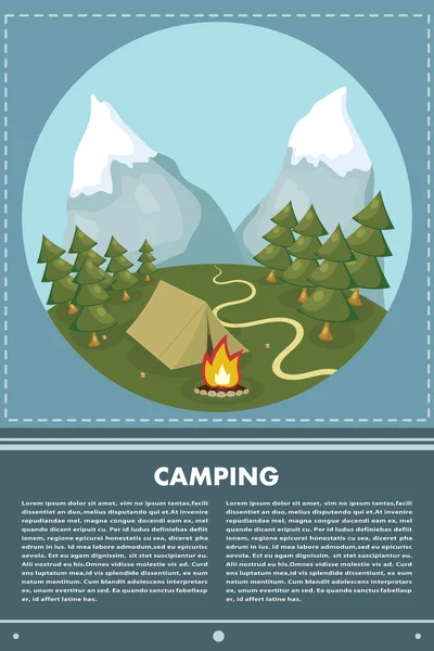 Vector banner web plana sobre o tema de camping com uma fogueira. C — Vetor de Stock