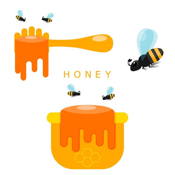 Cuchara para miel, maceta y abejas sobre fondo blanco. Vector illu — Vector de stock