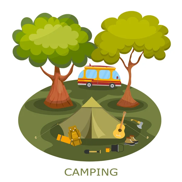 Camping among the trees in a forest glade. Tourist relaxing outd — Stock Vector