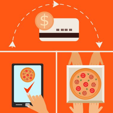Evde pizza teslimatı. Elektronik semti için pizza. Çizimi 