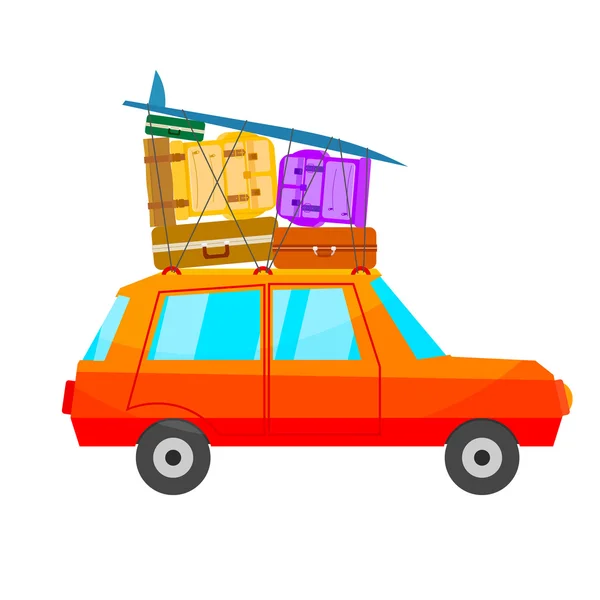 Cartoon red car with a lot of luggage on a white background. A c — Stock Vector