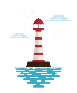 Deniz feneri dalgalar, bulutlar ve üzerinde beyaz bir arka plan ile. Ben