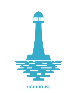 Mavi deniz feneri dalgalar üzerinde beyaz bir arka plan ile. Simge lighthous