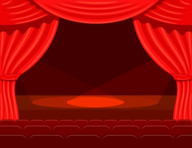 Cartoon theater with spotlights beams. Theater curtain with spot