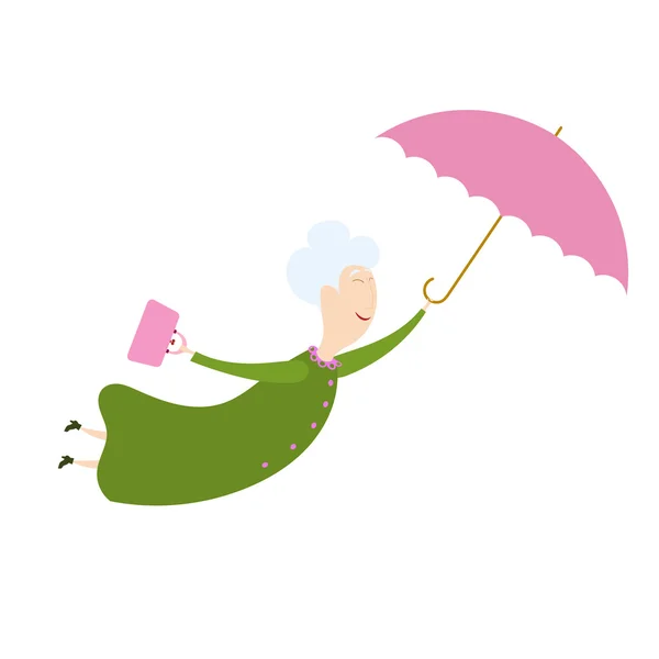 Fliegende Frau mit Regenschirm. eine ältere Frau mit Regenschirm — Stockvektor