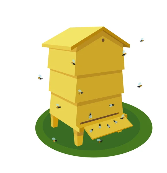 Wooden Beehive with bee on a white background. Traditional  beeh — Stock Vector